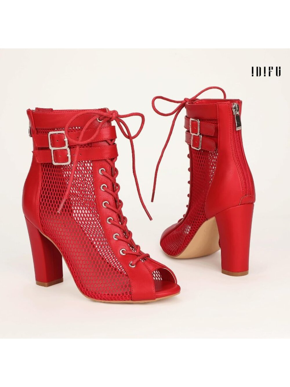 Women's Red Pu Mesh High Heels Block Chunky Heels Open Toe Lace Up Booties - Picture 6 of 6